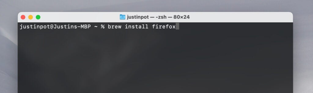 Installing Firefox on a Mac computer using Homebrew.