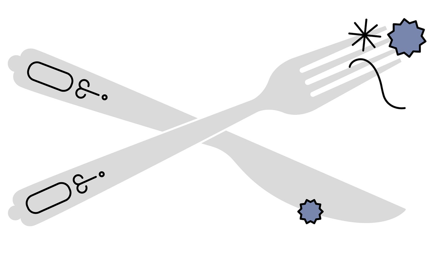 An illustration of a fork and knife with gross things on them.