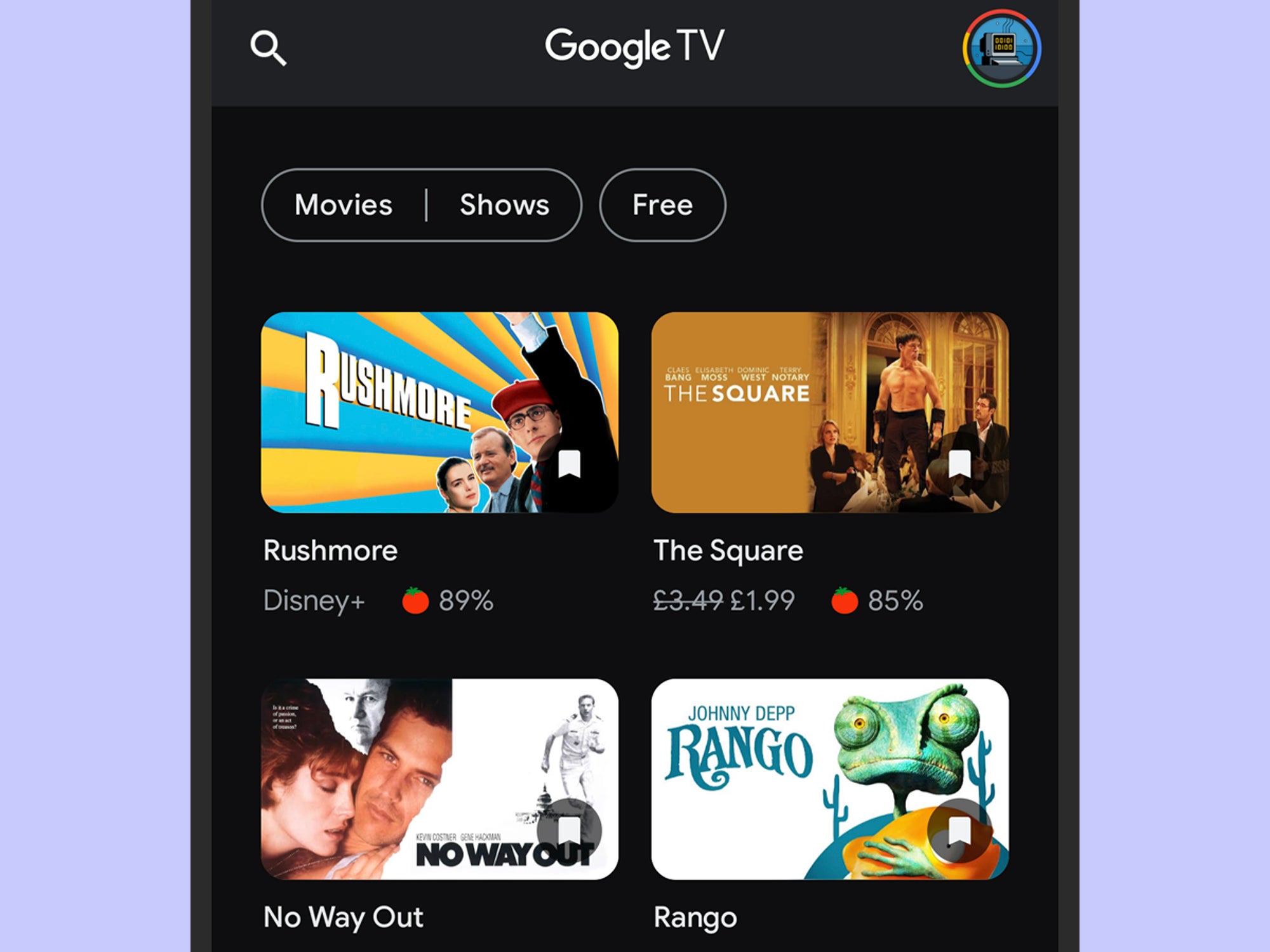 Фильмы, выбранные в списке наблюдения Google, отображаются в приложении Google TV.