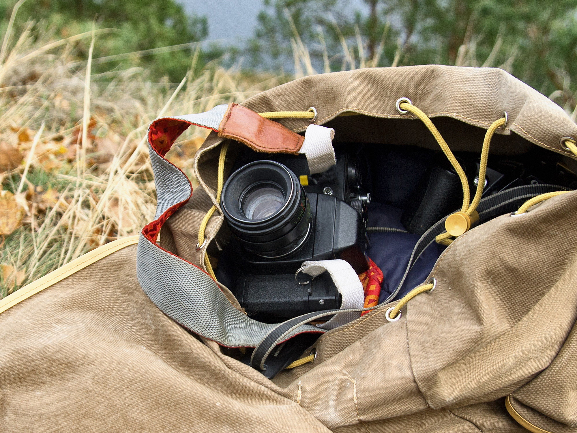 Photo of camera in a tourist's bag.