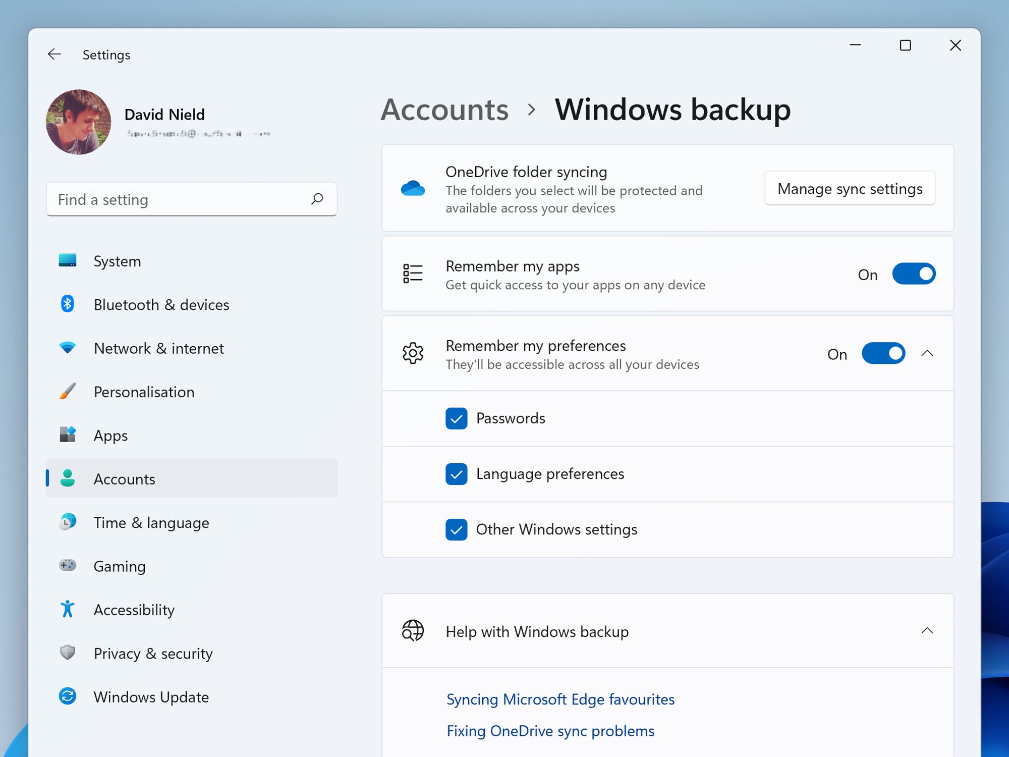 The Windows backup sync settings in a Microsoft account on Windows 11.