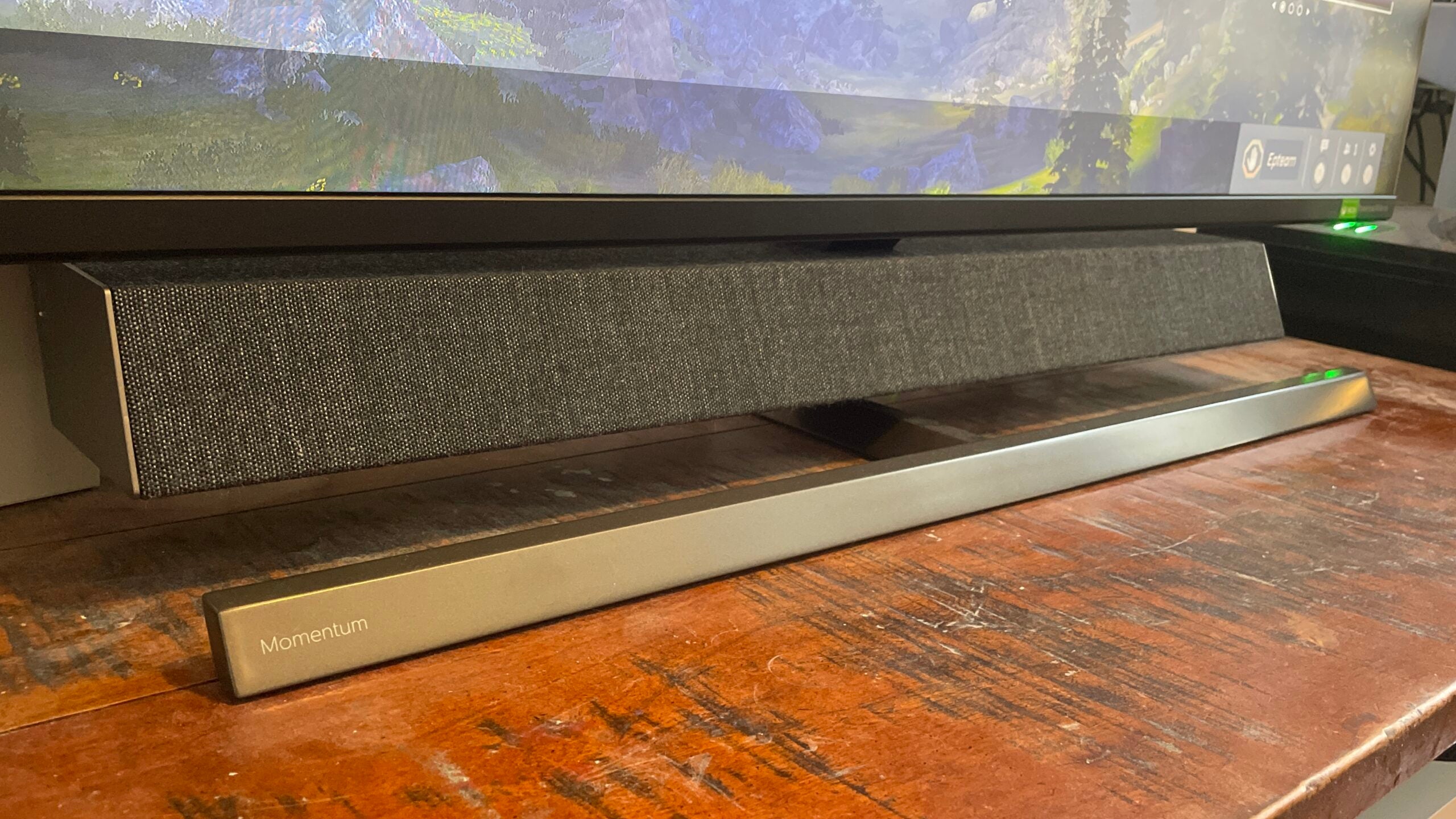 Close up of the Philips Momentum monitor's built-in Bowers & Wilkins soundbar