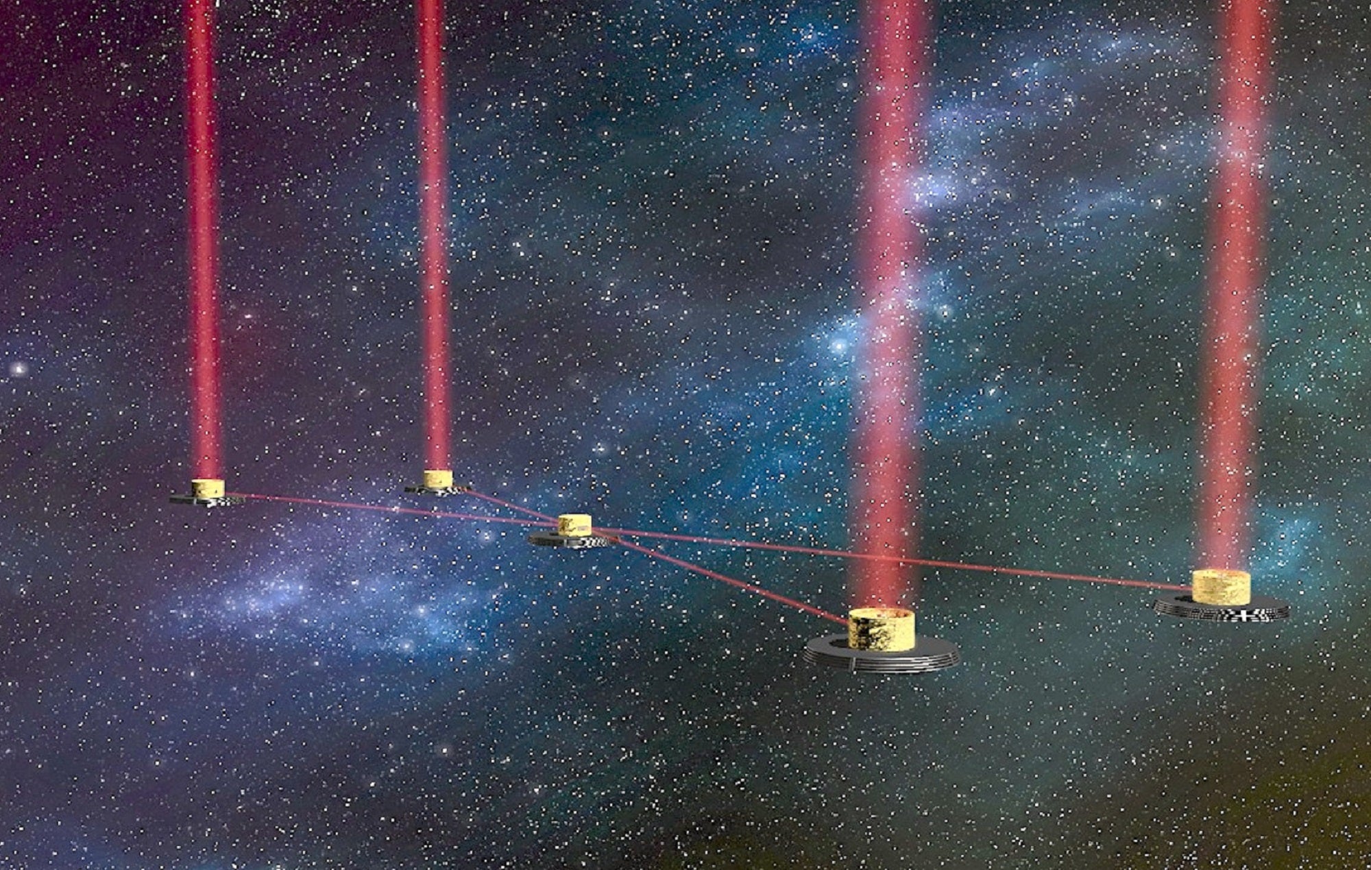 Five space instruments shooting out infrared light among the stars in a mockup of LIFE