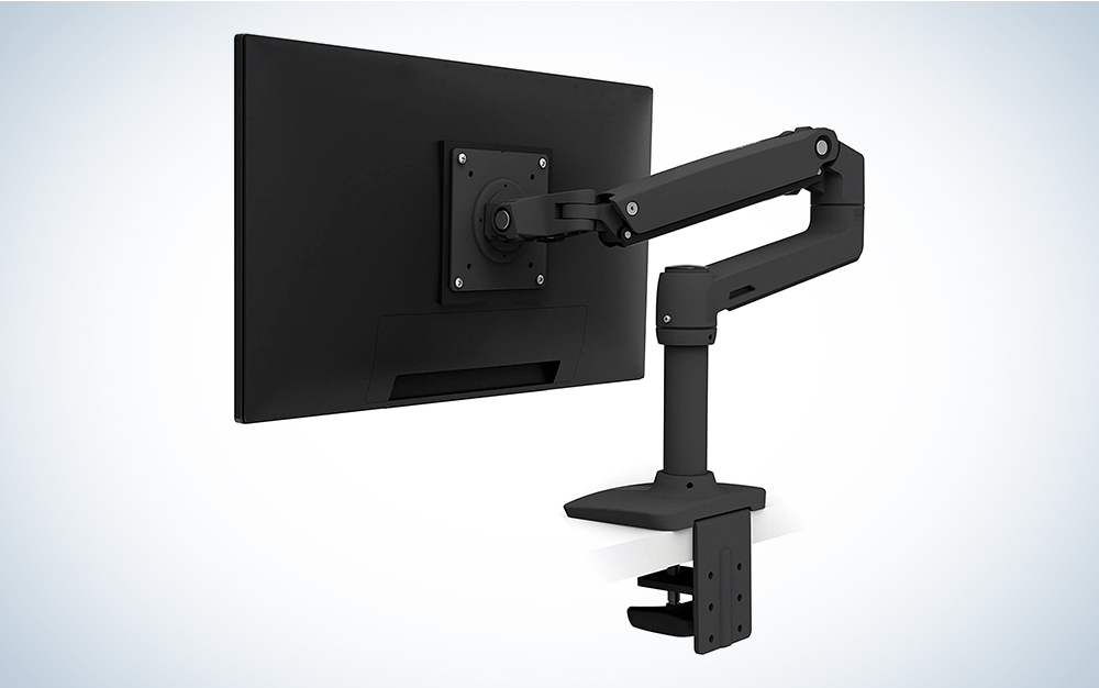 An Ergotron monitor arm on a blue and white background