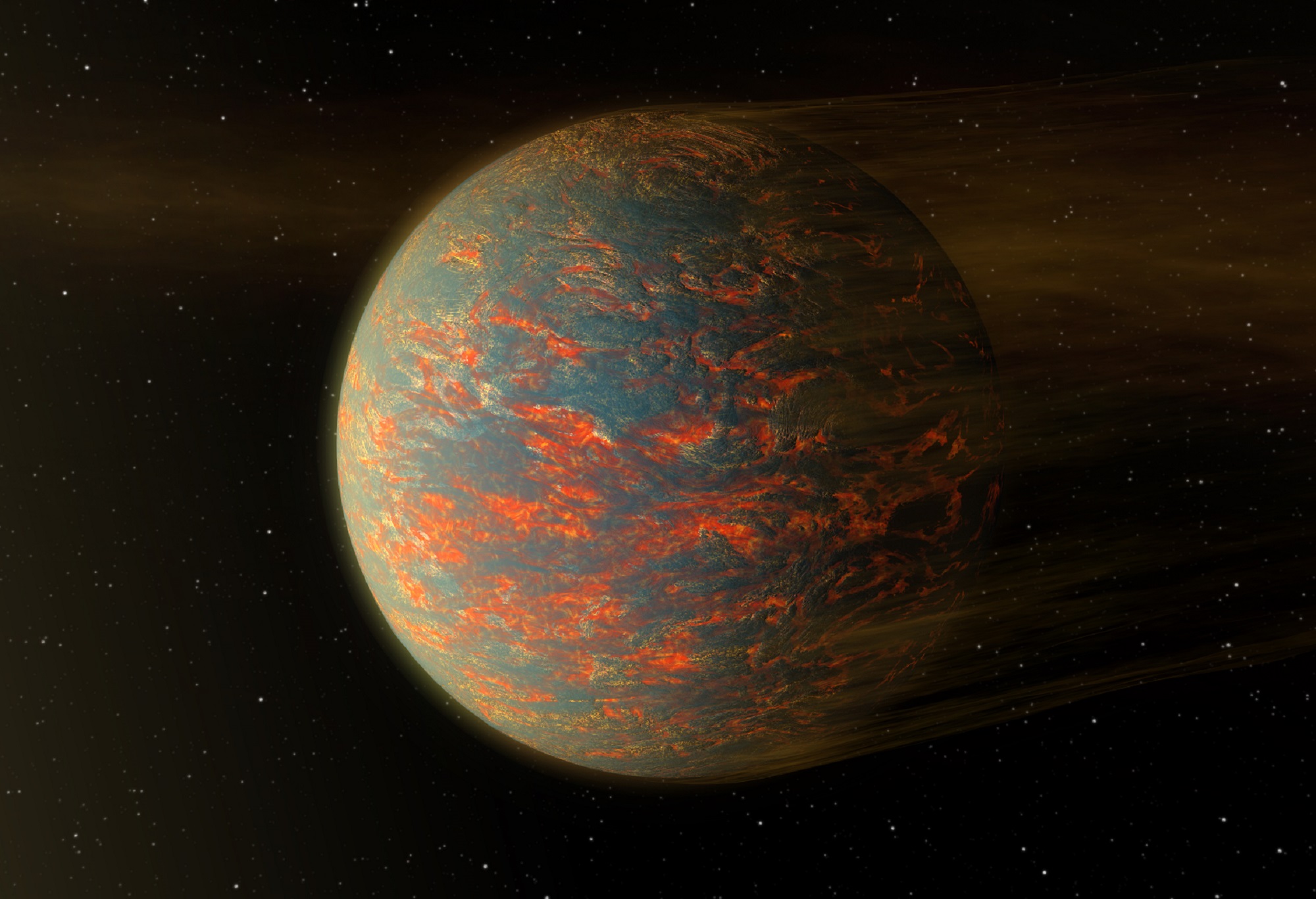 an orange and gray fiery looking exoplanet illustrated by an artist