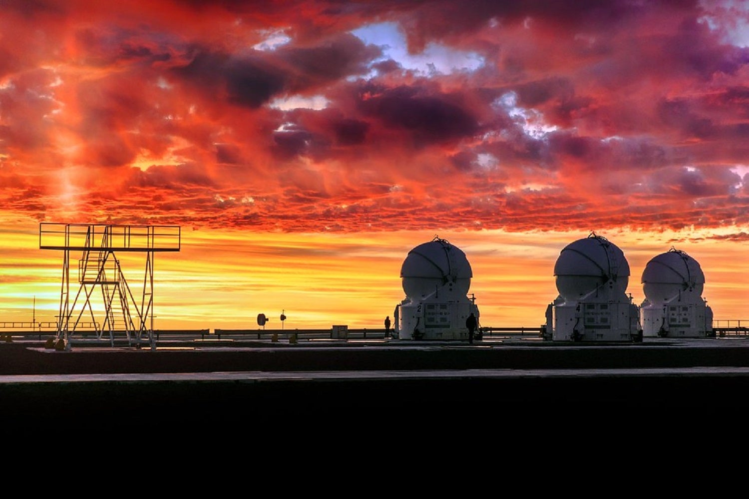 three large telescope observatories with the sun setting behind them