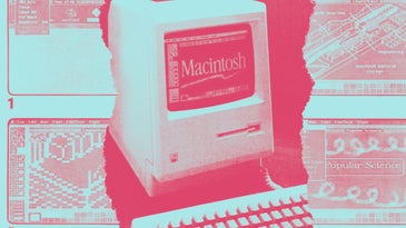 A collage of images from Popular Science's “Apple’s mighty mini Mac: Can little Mac challenge Big Blue?” by Jim Schefter, March 1984