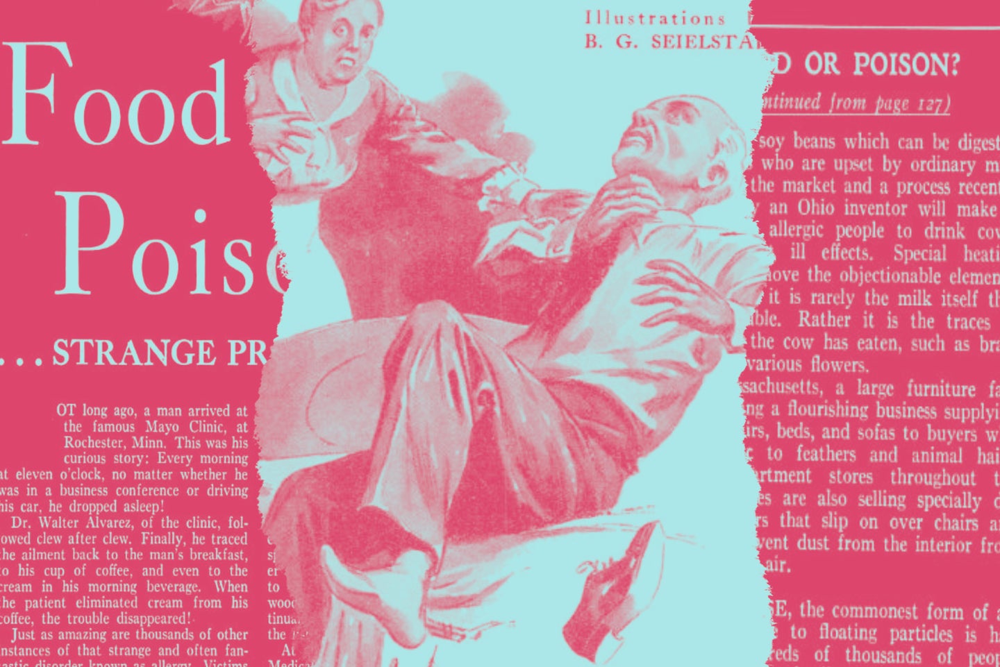 A collage of images from the Popular Science article “Food or Poison? … Strange Pranks of a Medical Mystery” (Frederic Damrau, M.D., November 1936)