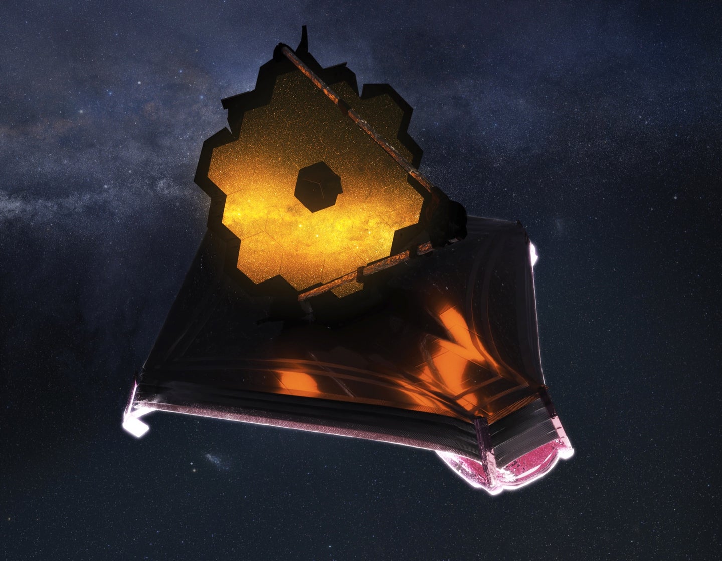 a space telescope with a large gold mirror made of many hexagons