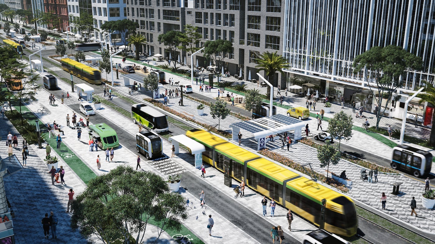 a design of a bustling city street where lanes for vehicles and pedestrians run more parallel for a more seamless flow