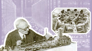 a black and white and purple stylized collaged image of a man holding a drafting pencil over a model of a city and on the right hand side another cut out of a circular street design