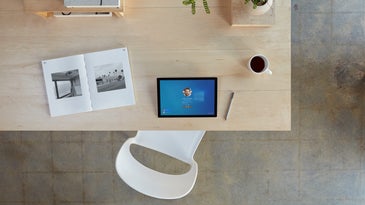 The Microsoft Surface Pro 7+ sitting on a desk shown from above