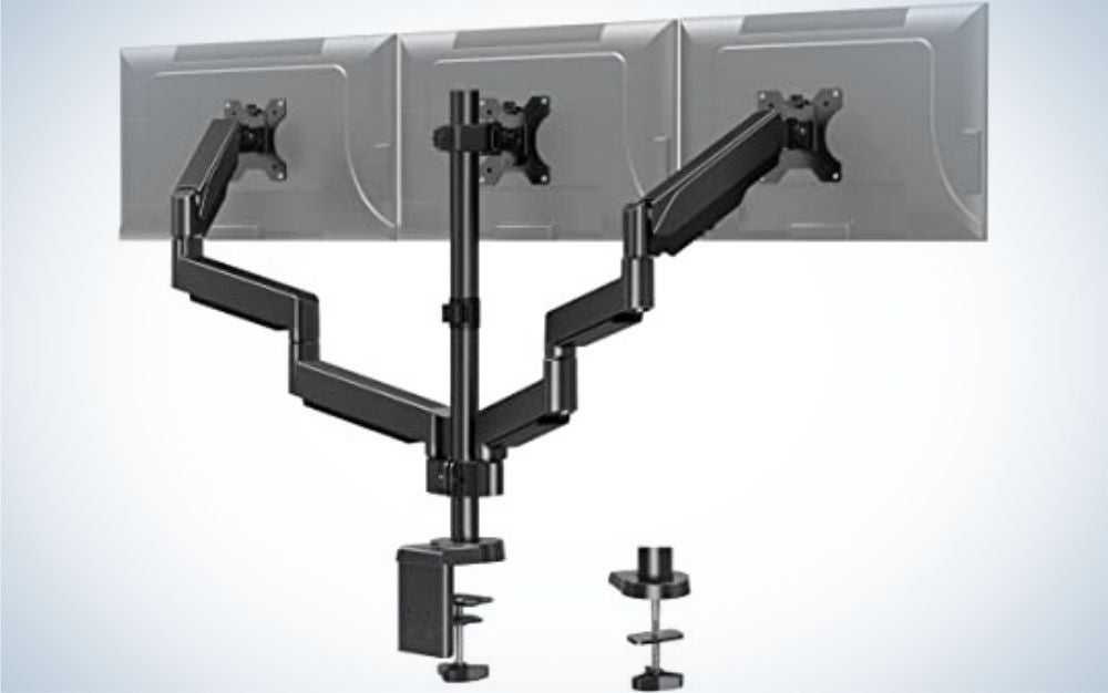 The Mount Pro Triple Monitor Desk Mount’s design balances stability and flexibility.