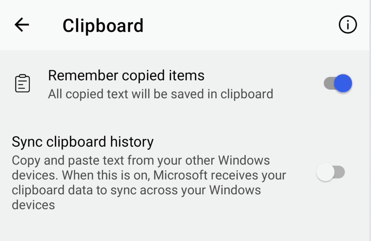 The settings you use to sync your Windows computer clipboard to your Android phone.