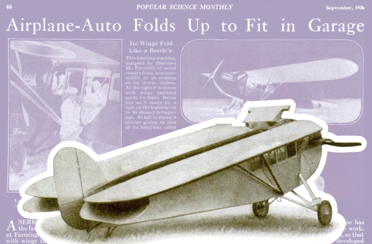 a purple and black and white stylized image of a historic foldable flying car with newspaper clippings in the background