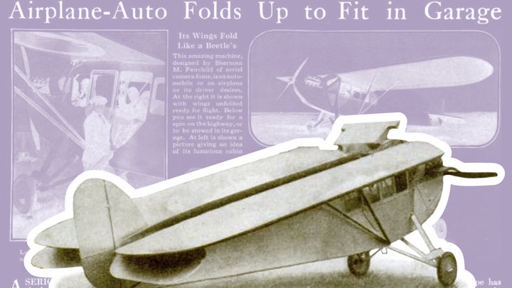 a purple and black and white stylized image of a historic foldable flying car with newspaper clippings in the background