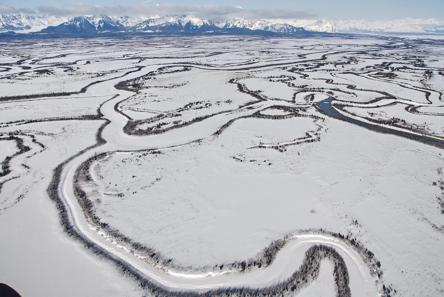 An aerial view of meandering frozen channels of the Copper River in Alaska.