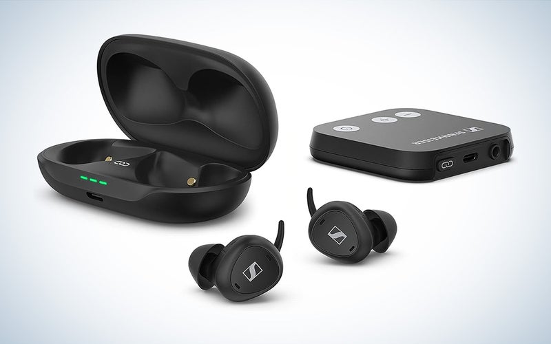 The Sennheiser TV Clear Set 2 wireless earbuds for TV against a white background