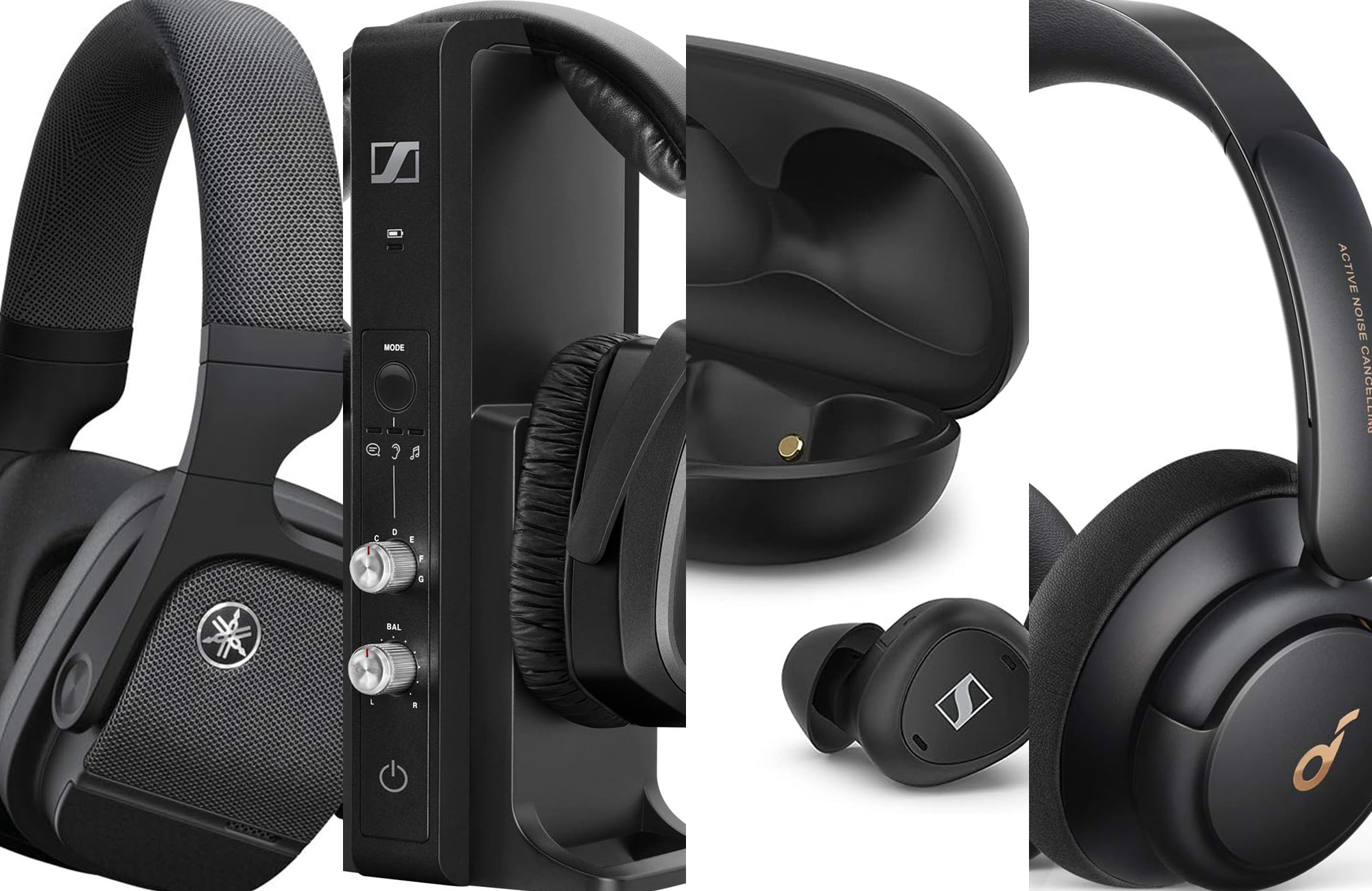 four of the best wireless headphones for TV sliced together against a white background