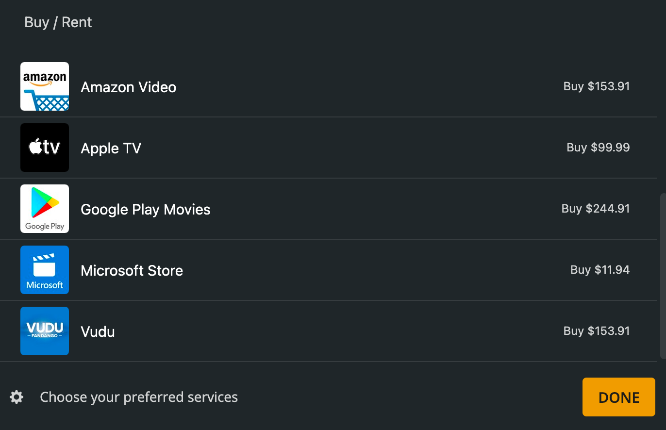 The Plex interface, showing you where you can buy or rent a movie online.