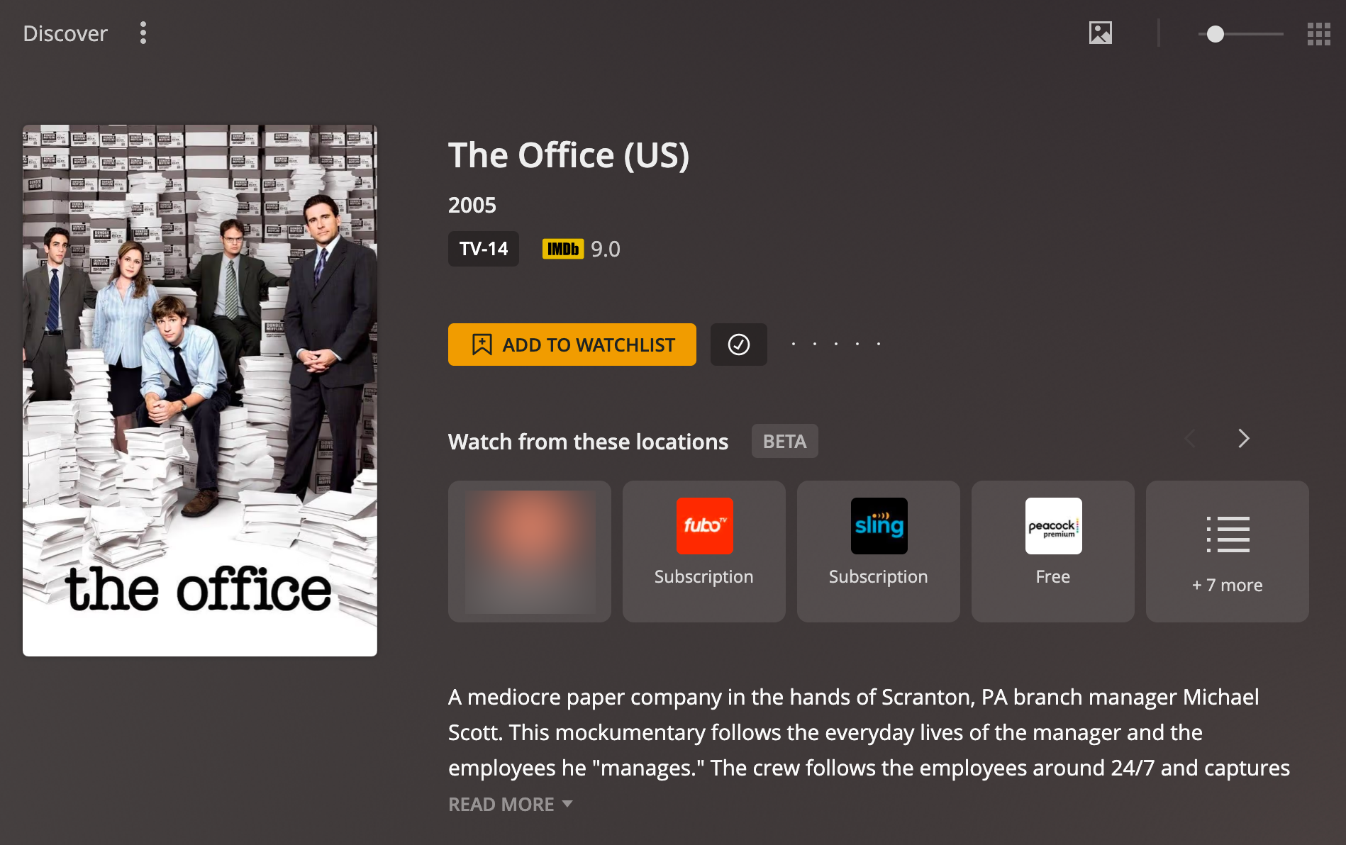 The Plex Discover interface, showing different options for watching The Office streaming online.