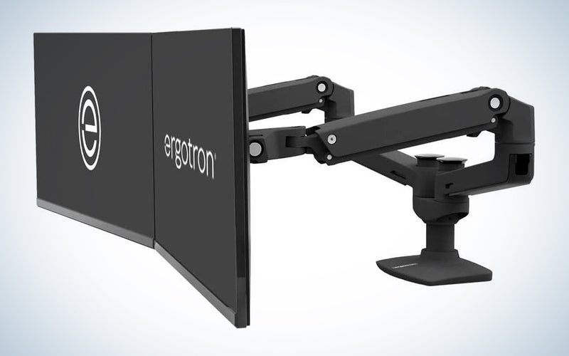 An Ergotron dual monitor stand on a blue and white background
