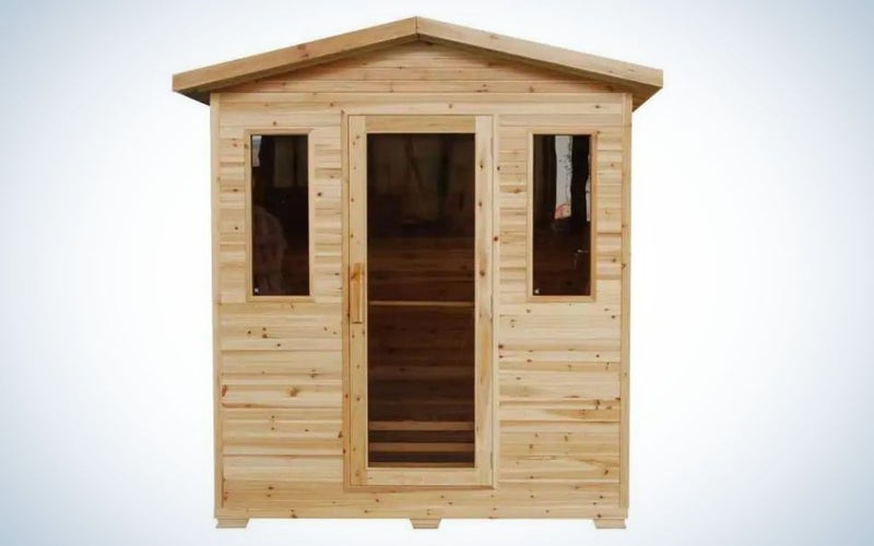 Sunray 3-person outdoor sauna on a plain background