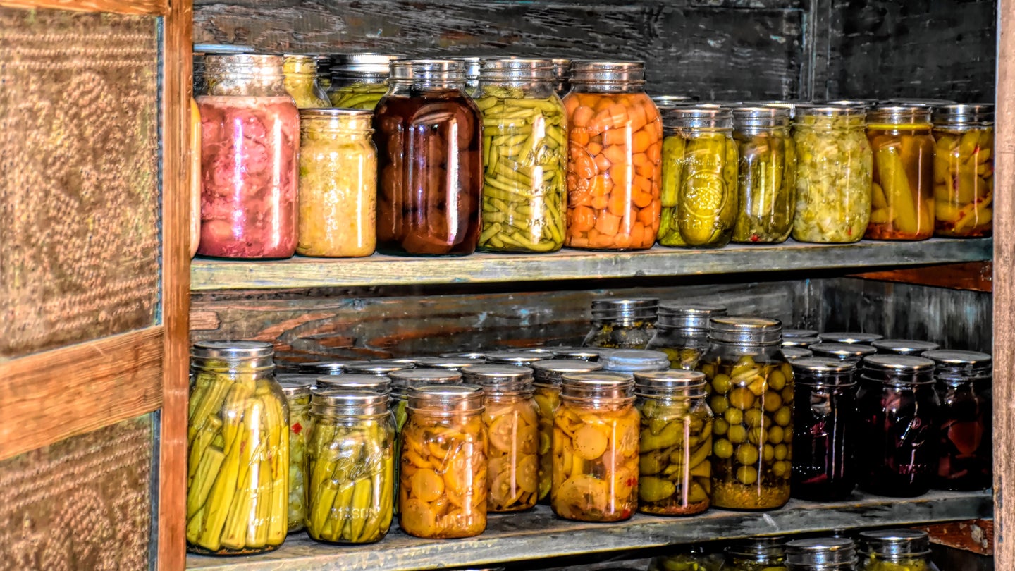 A pantry full of many canned and preserved fruits and vegetables.