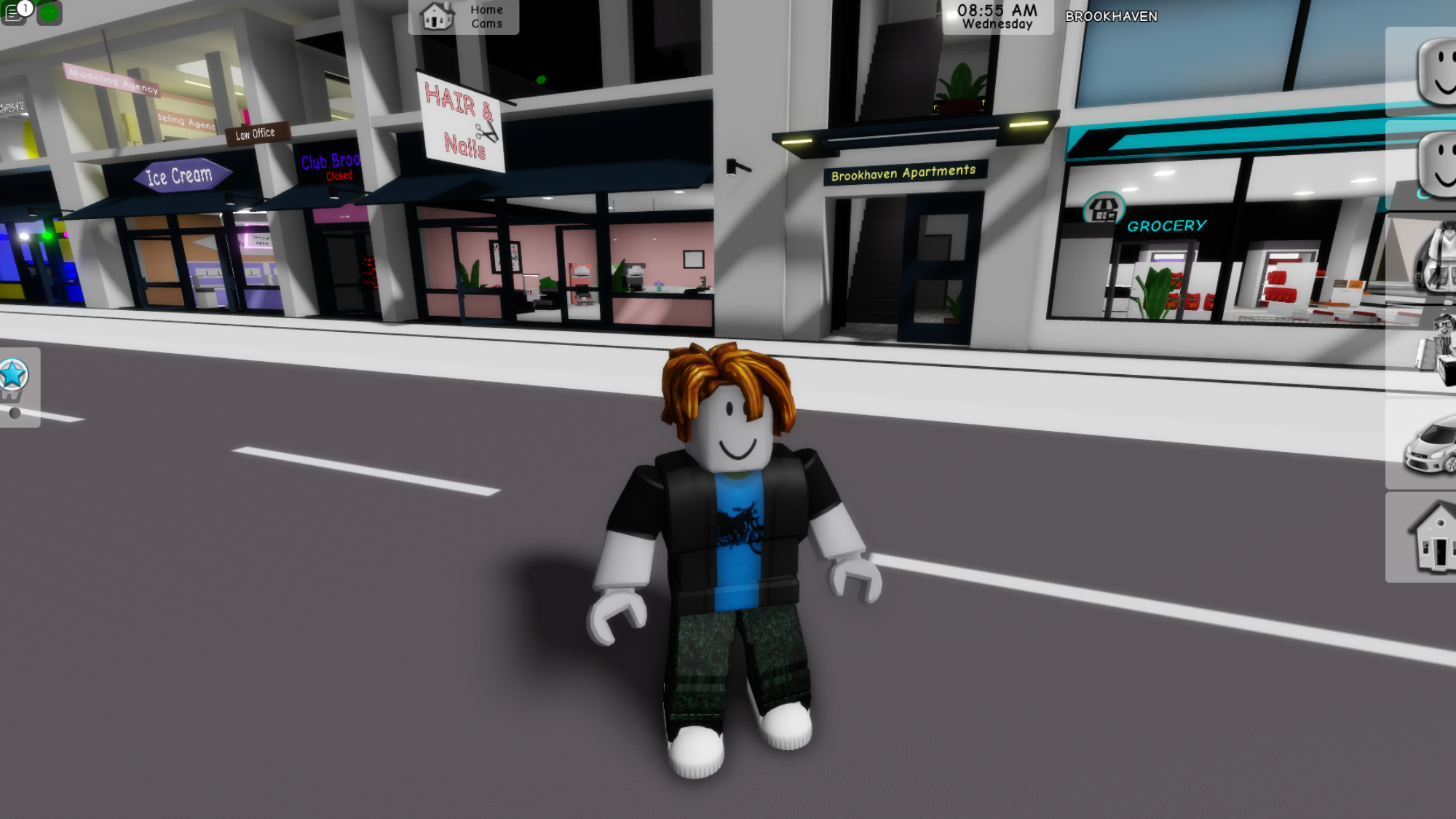 A Roblox character standing in the middle of a street in a virtual city.