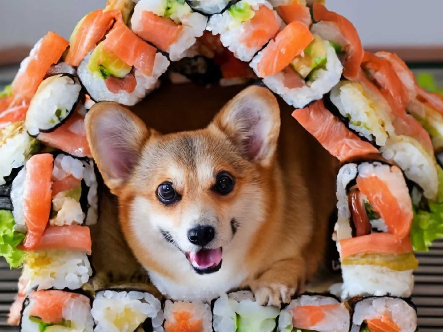 A dog in a sushi house