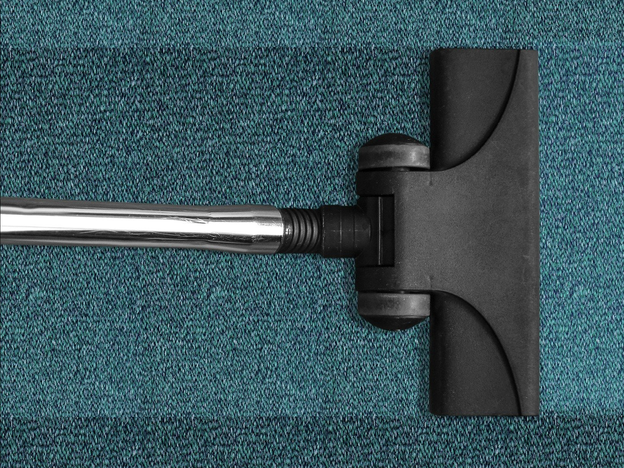A black vacuum cleaner set against blue carpet, with its path a slightly darker, cleaner color than the rest of the floor.