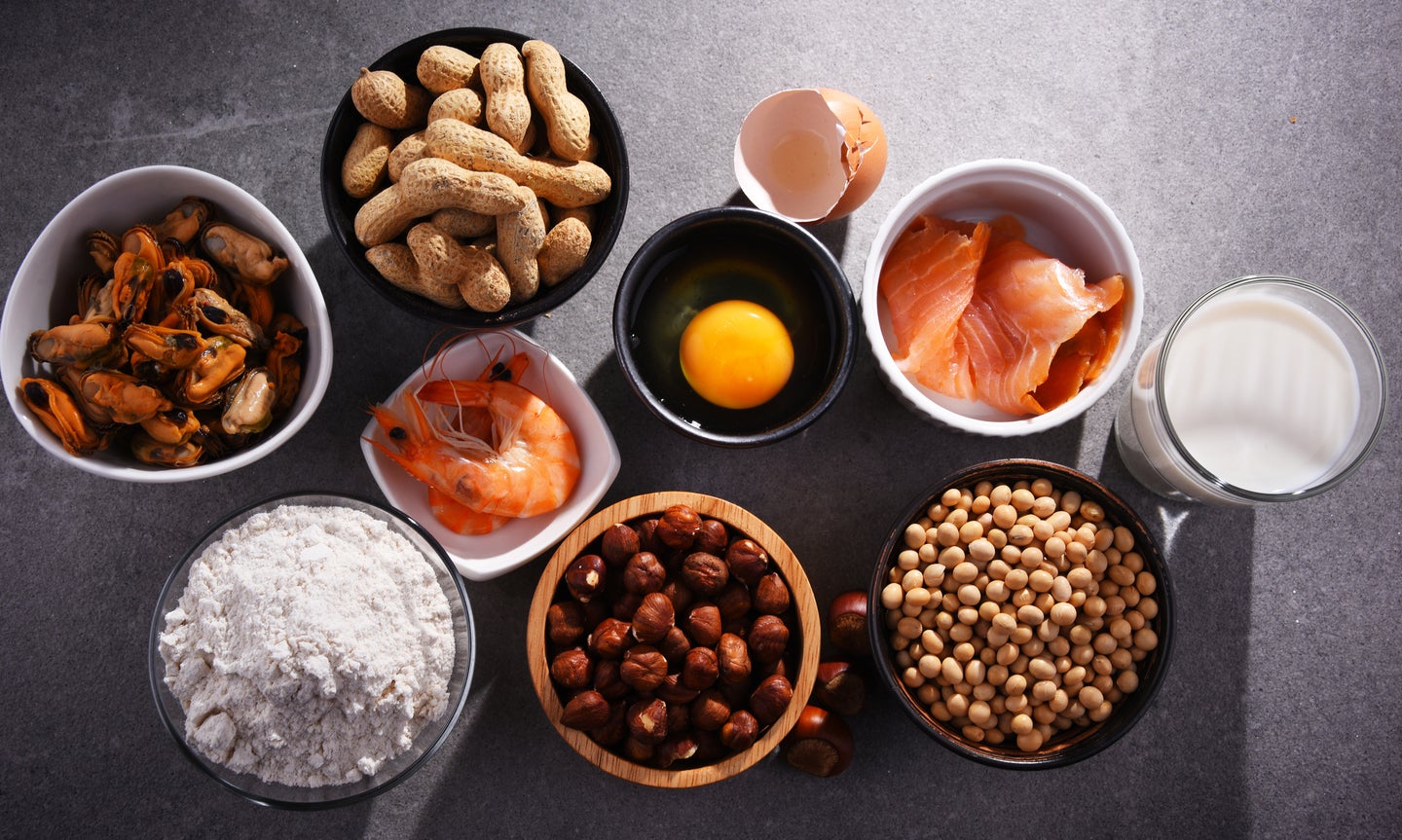 bowls containing wheat flour, eggs, shellfish, peanuts, soybeans, and other common allergens