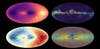 Four Gaia star maps in rainbow colors on a black background