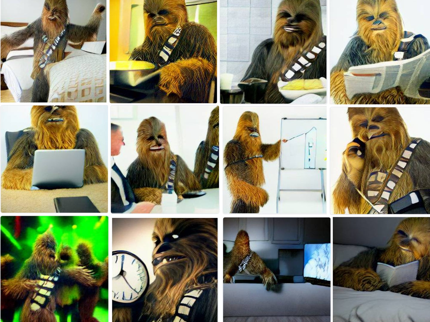 A grid of 12 images depict the Star Wars character Chewbacca performing office job tasks.