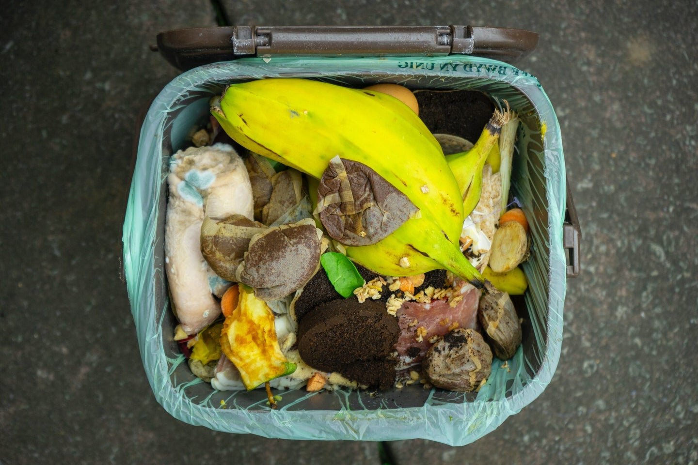 Banana and other food waste in bin.