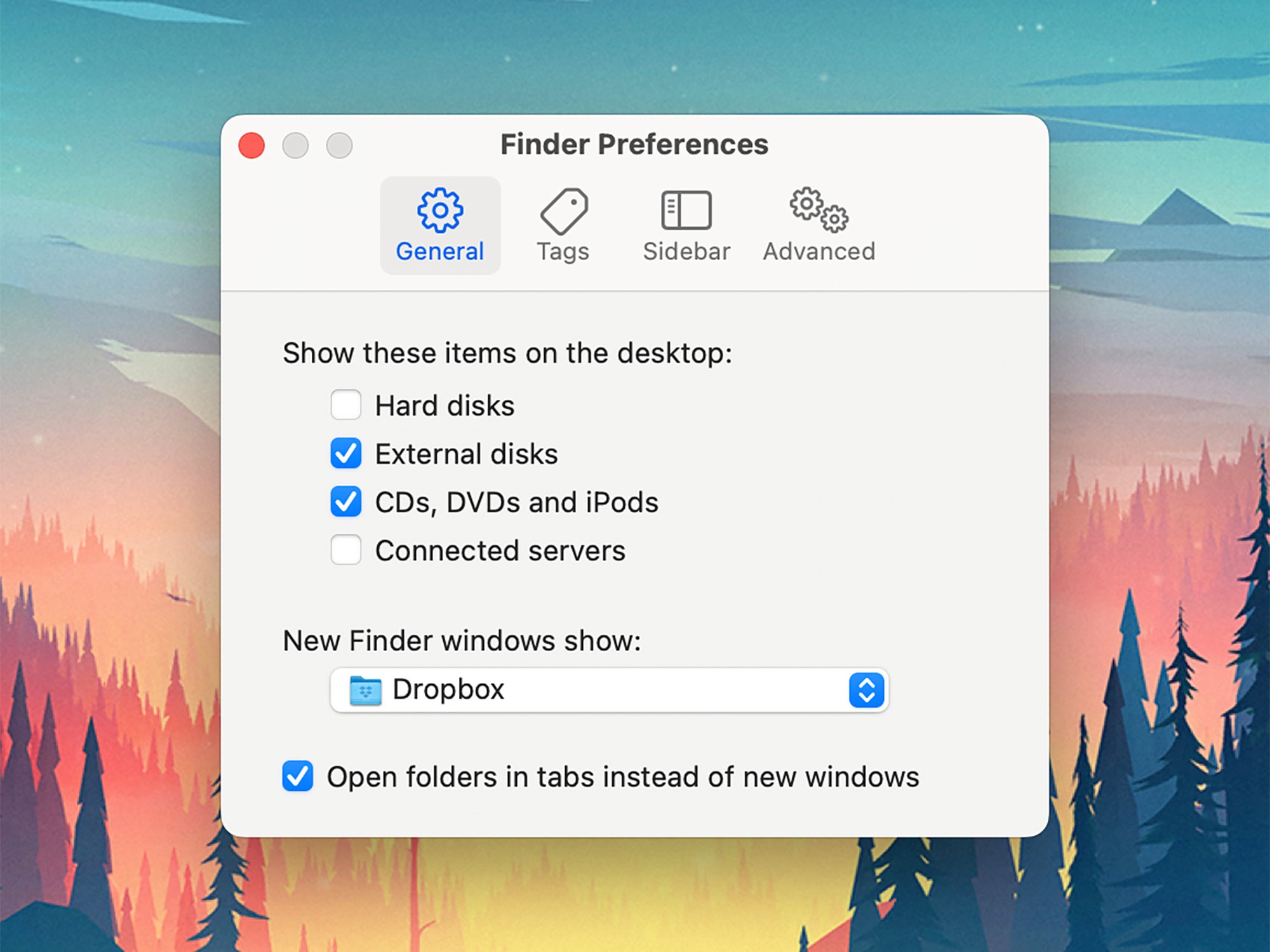 The Finder startup settings on macOS.