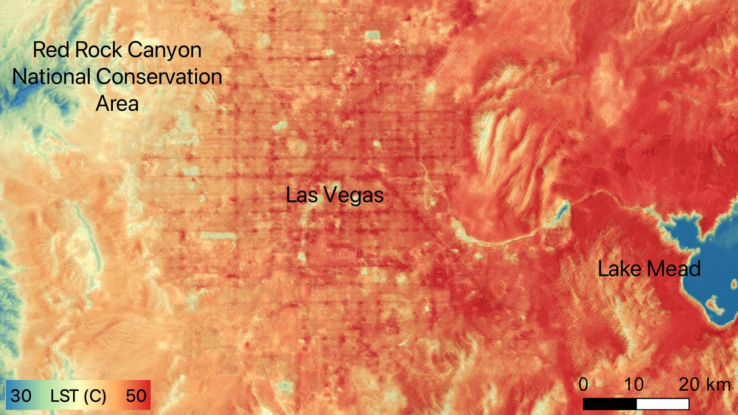 a heat map showing dark red on the city of las vegas and radiating out yellow to bits of green at the edge of the map as you move further from the city