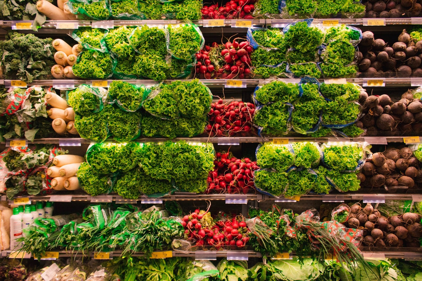Vegetables on grocery produce shelf.