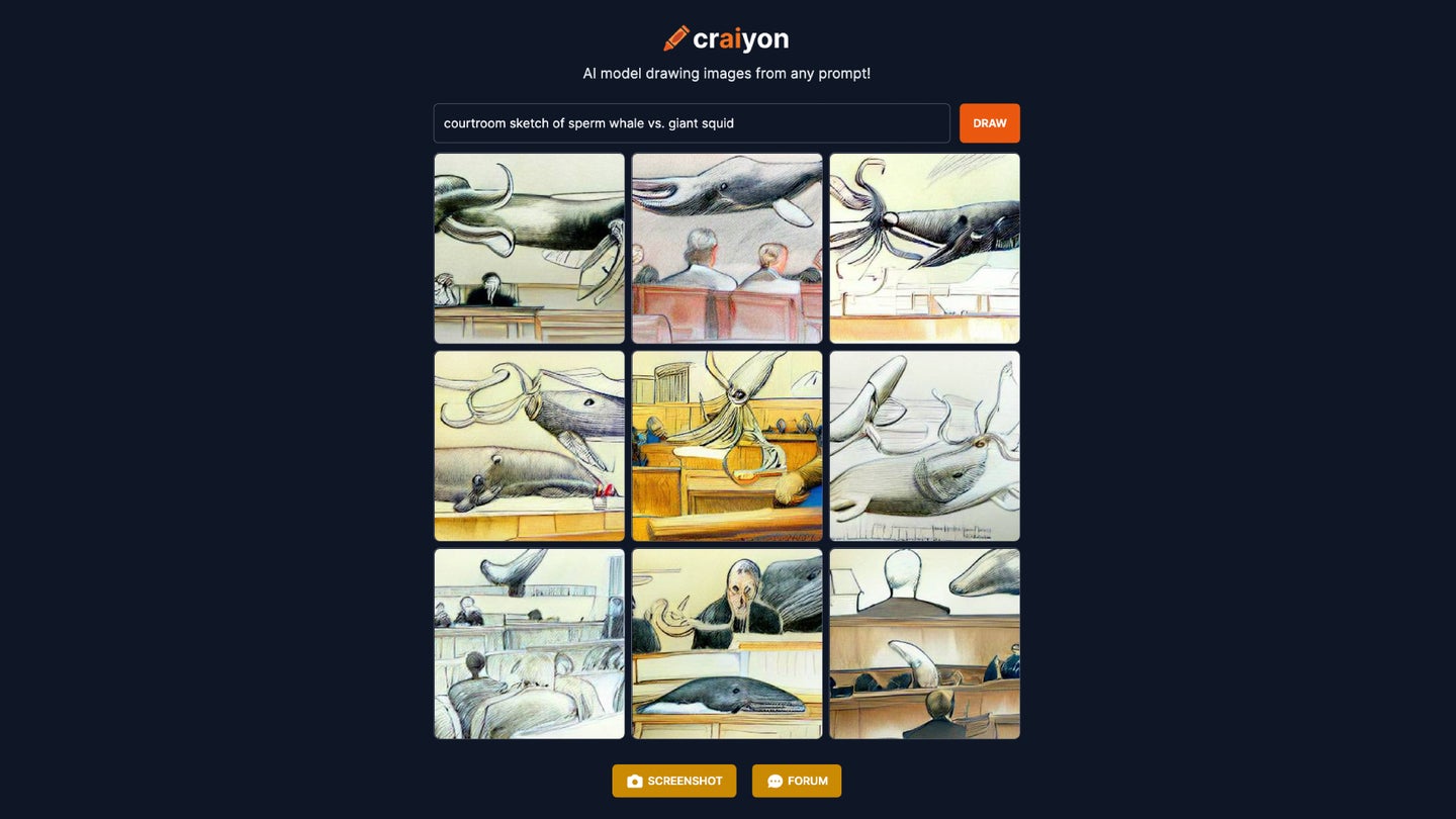 The Craiyon interface, showing a courtroom sketch of a sperm whale vs. a giant squid