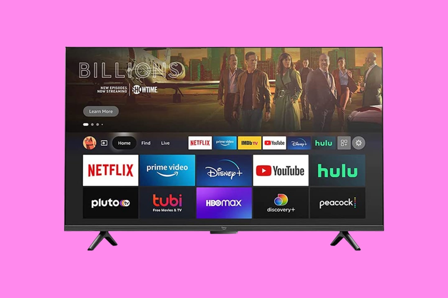 An image of a smart TV on a bright pink background