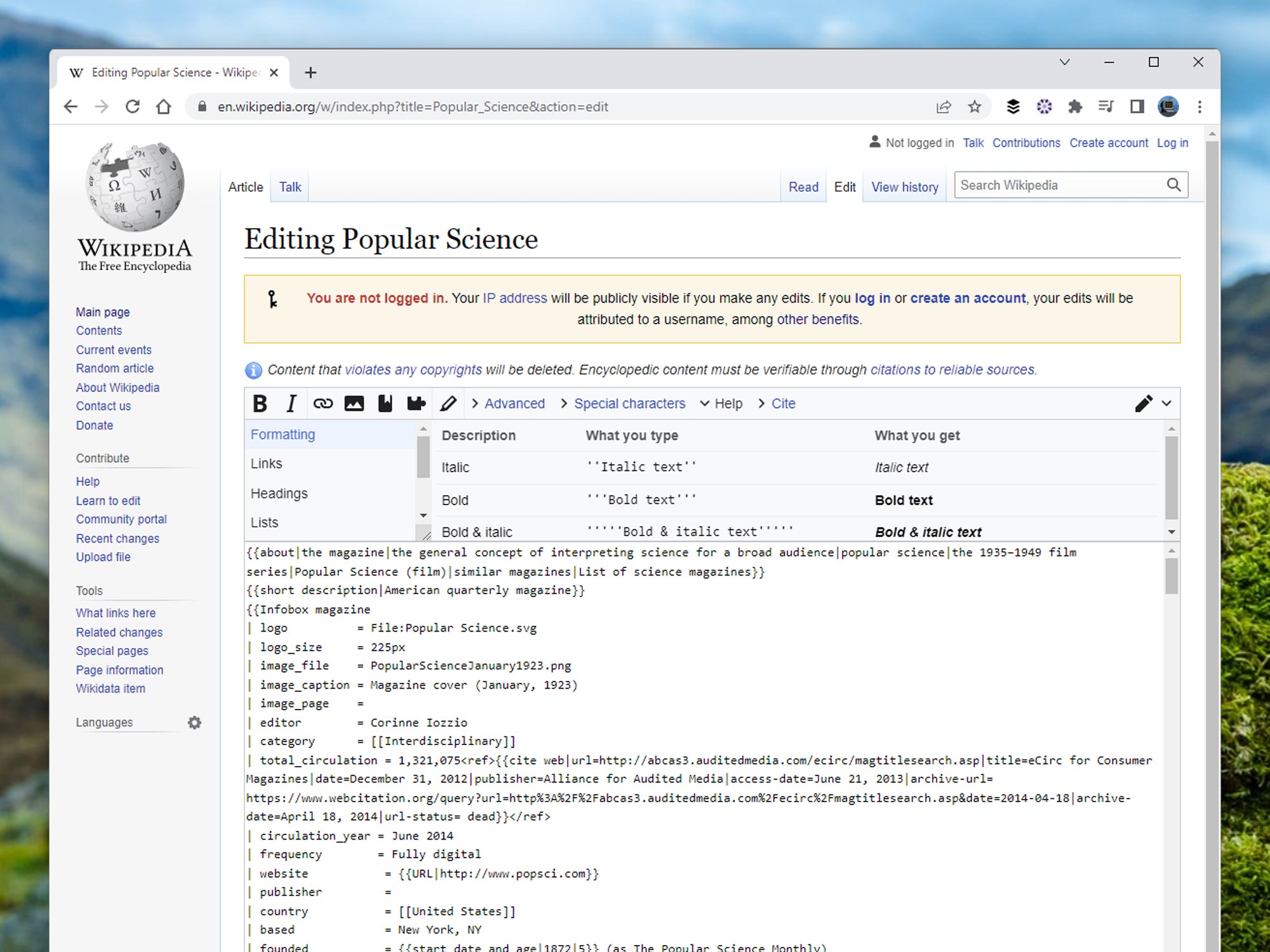The editing interface on Wikipedia, showing an article about Popular Science magazine.