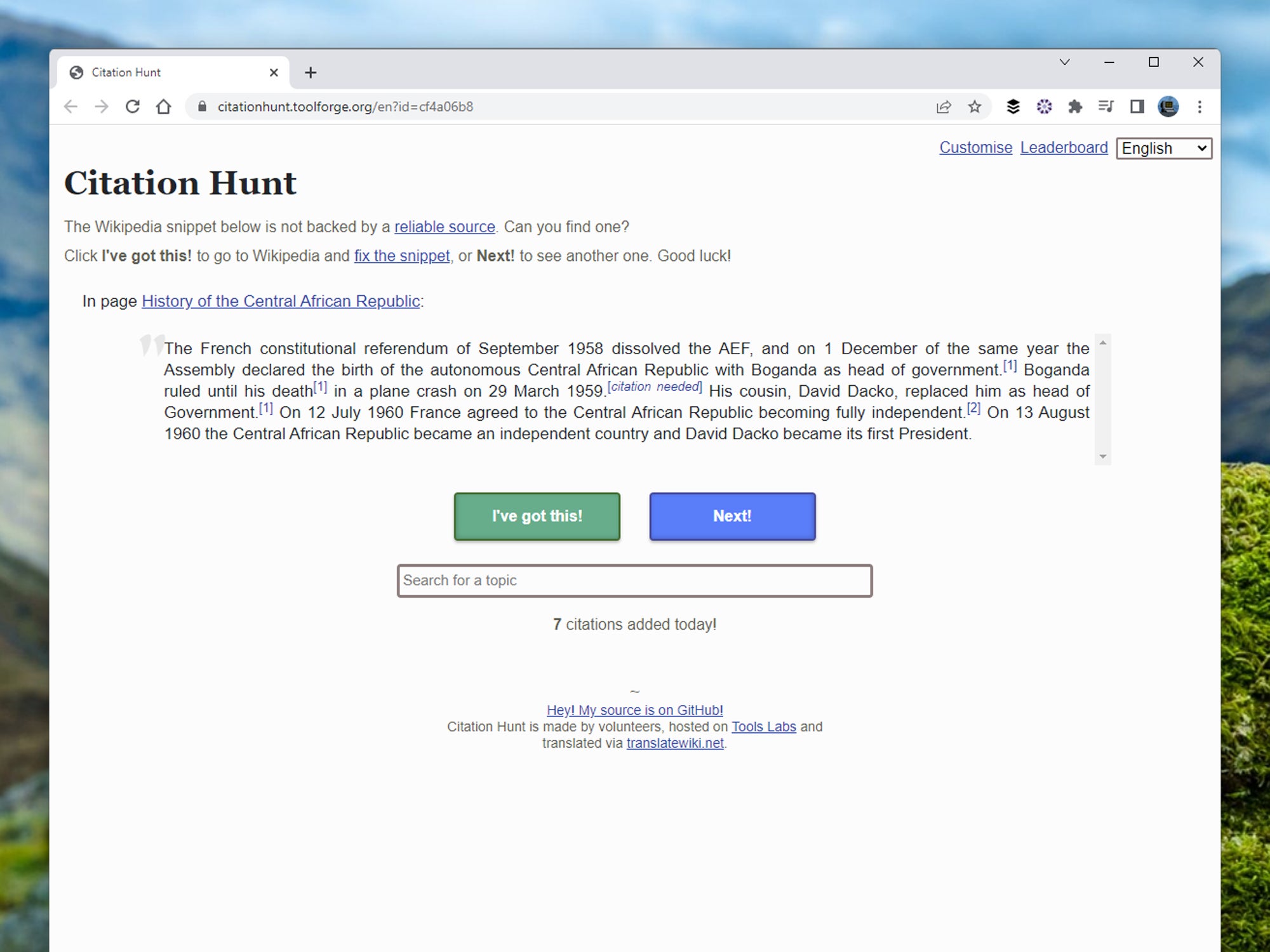 The Citation Hunt game on Wikipedia.