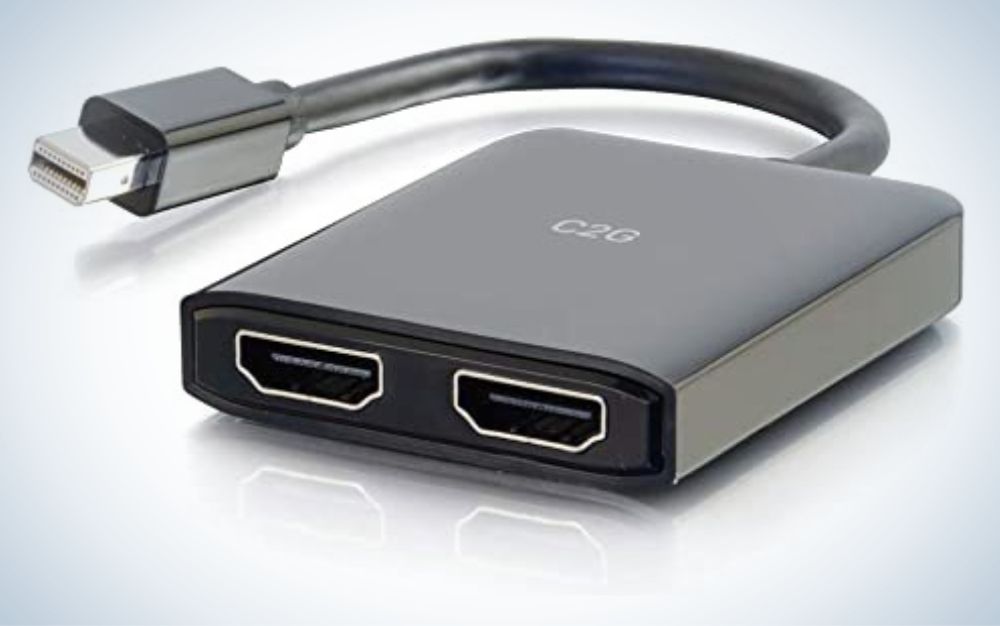 For Mini DisplayPort-enabled devices, this adapter from C2G offers a simple, portable solution for driving two external displays.  
