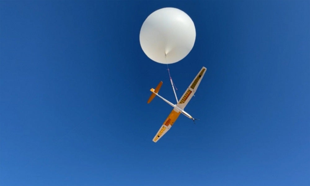 Mars Sailplane in the blue sky tethered to a white balloon