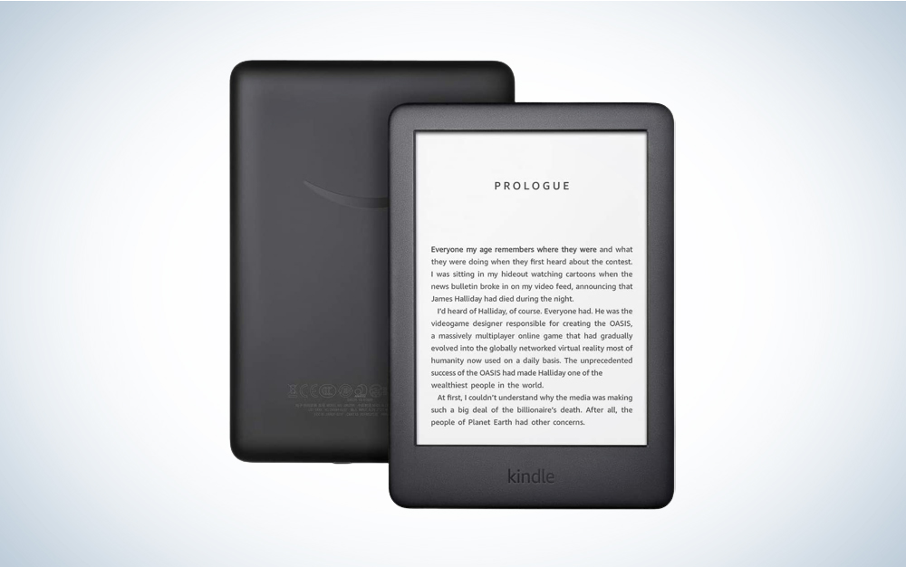 An Amazon Kindle against a blue gradient background
