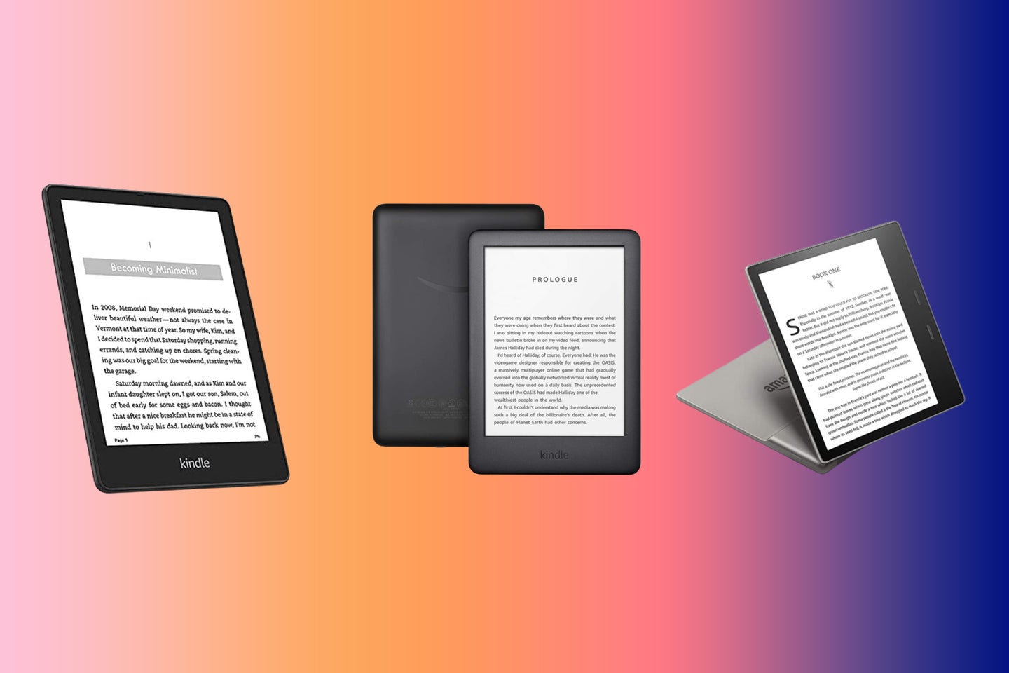 an Amazon Kindle Paperwhite, an Amazon Kindle, and a Amazon Kindle Oasis on a pink, orange, and blue gradient background.