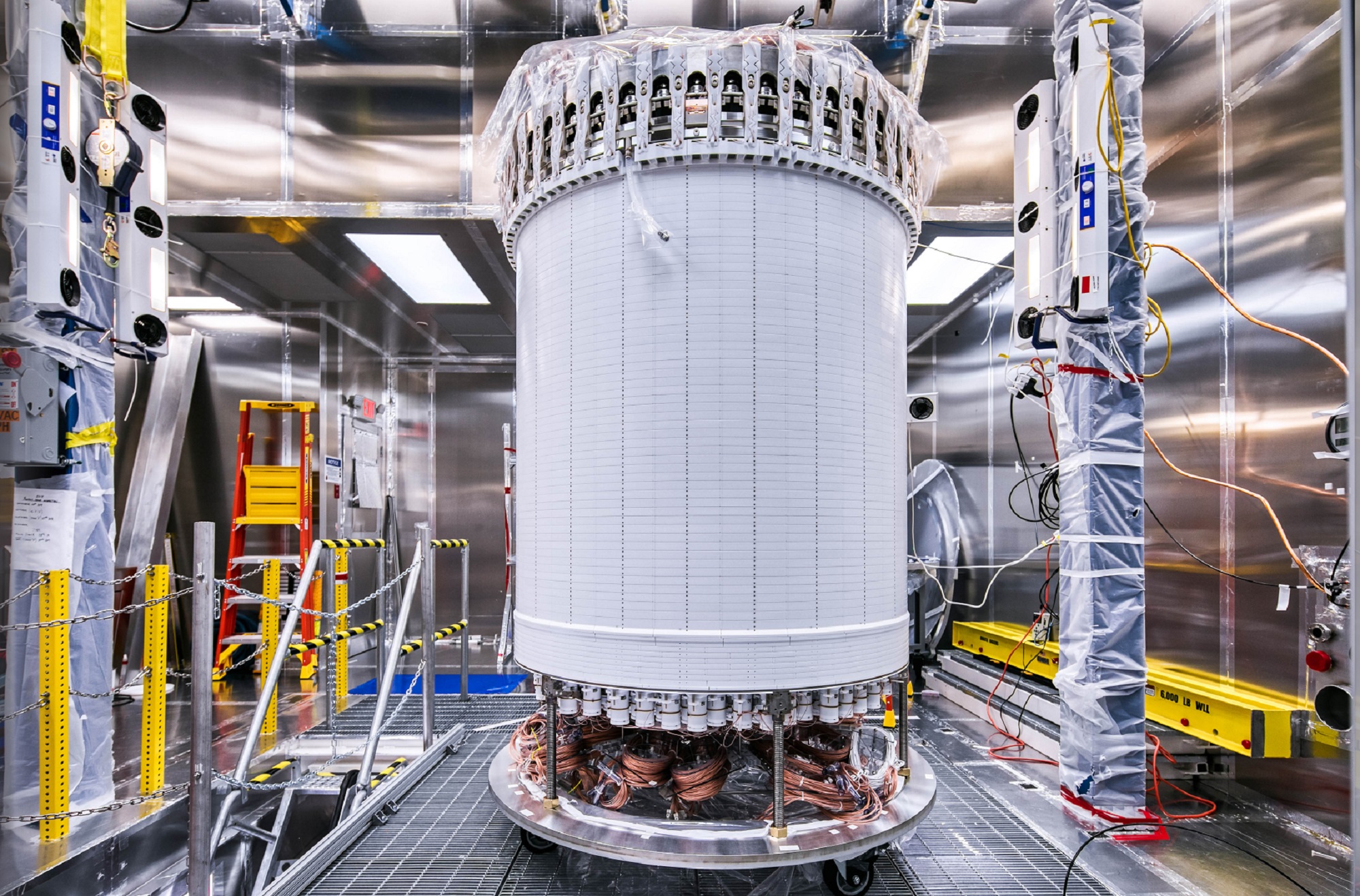 White cylinder with wires, part of the LZ dark matter detector run the US Department of Energy