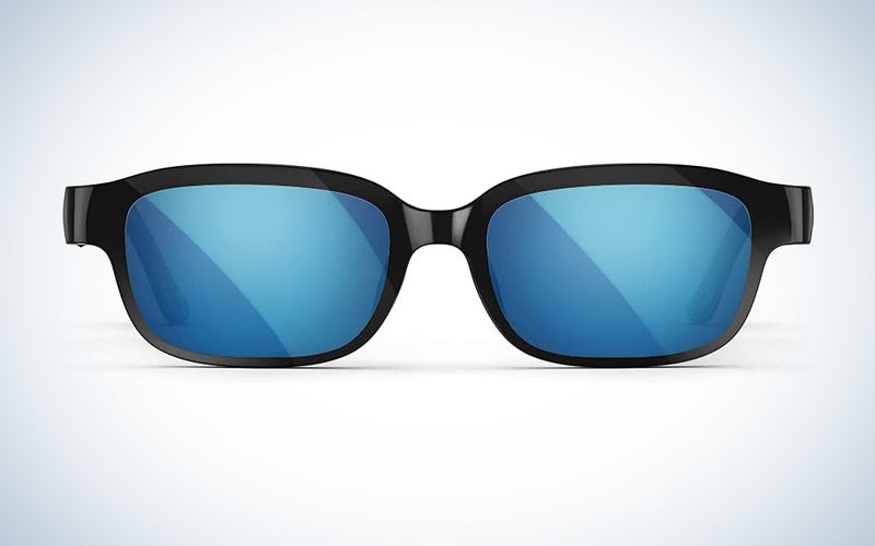 A pair of Amazon Echo Frames against a blue and white gradient background.
