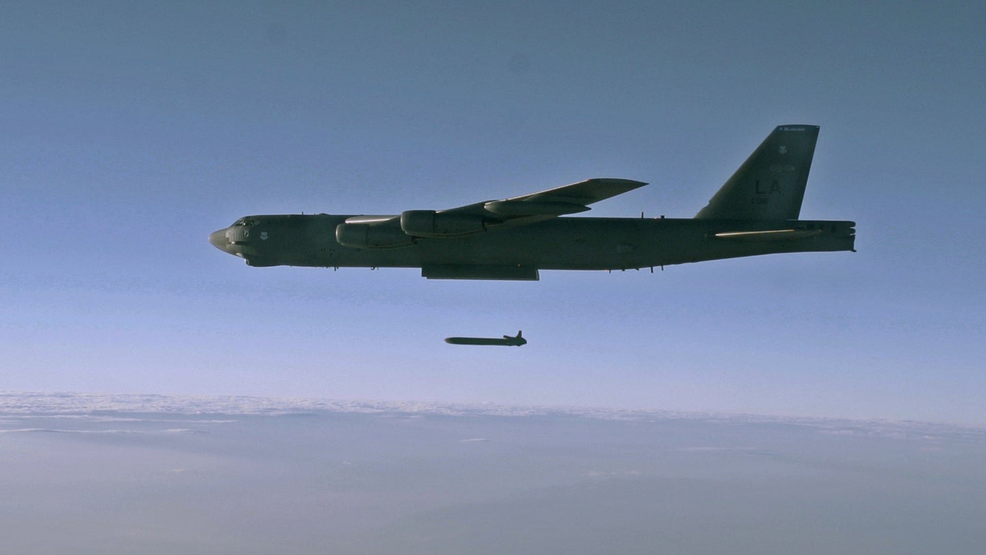A B-52 launches an unarmed cruise missile in 2014 in Utah; CHAMP was designed to be able to deploy in cruise missiles like these.