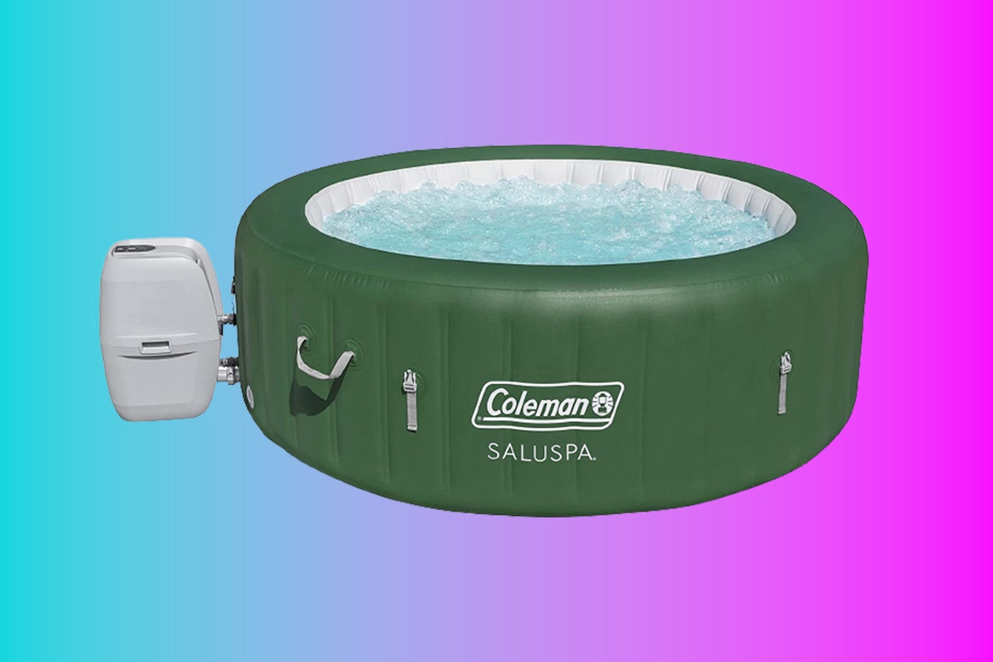 A Coleman SaluSpa hot tub against a blue and pink gradient background.